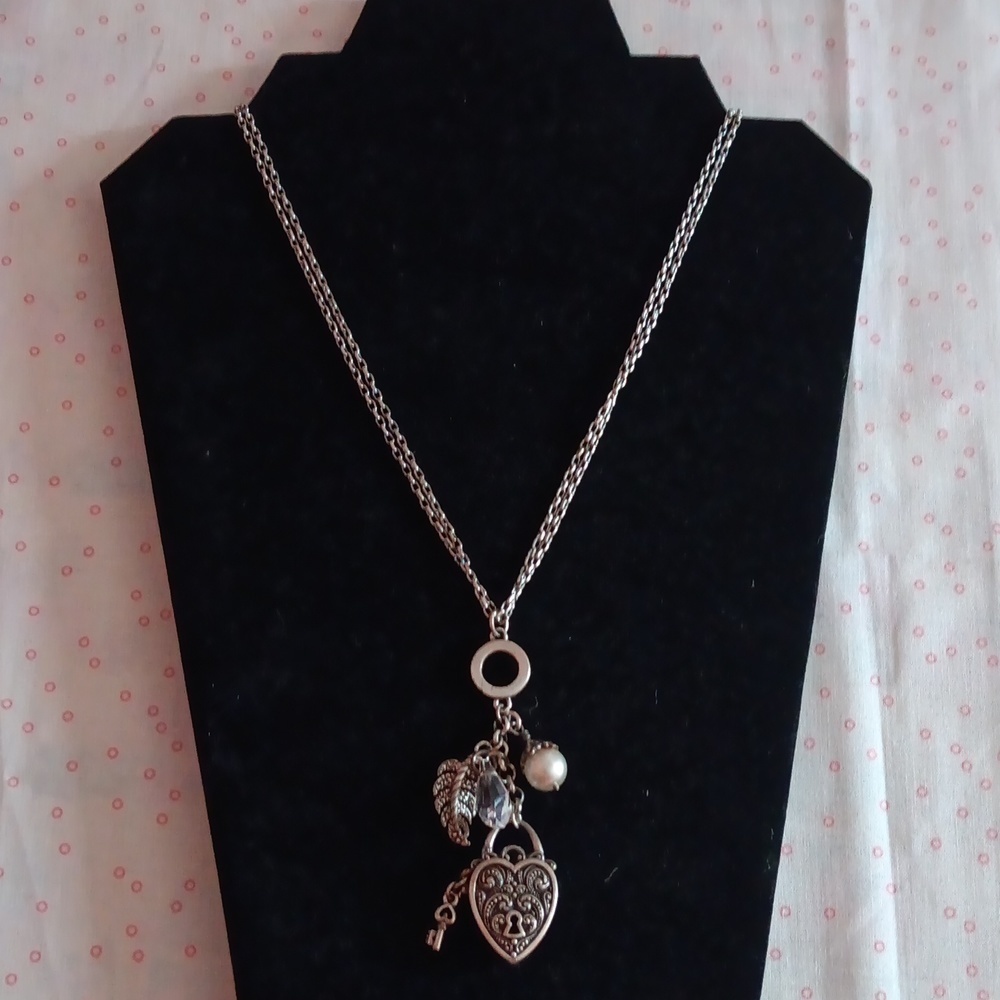 Brighton Long Silver Tone Double Chain Drop Charm Pendant Necklace